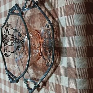 Vintage DEPRESSION Pink Glass Serving Bowl with Silver Trim And Plate.